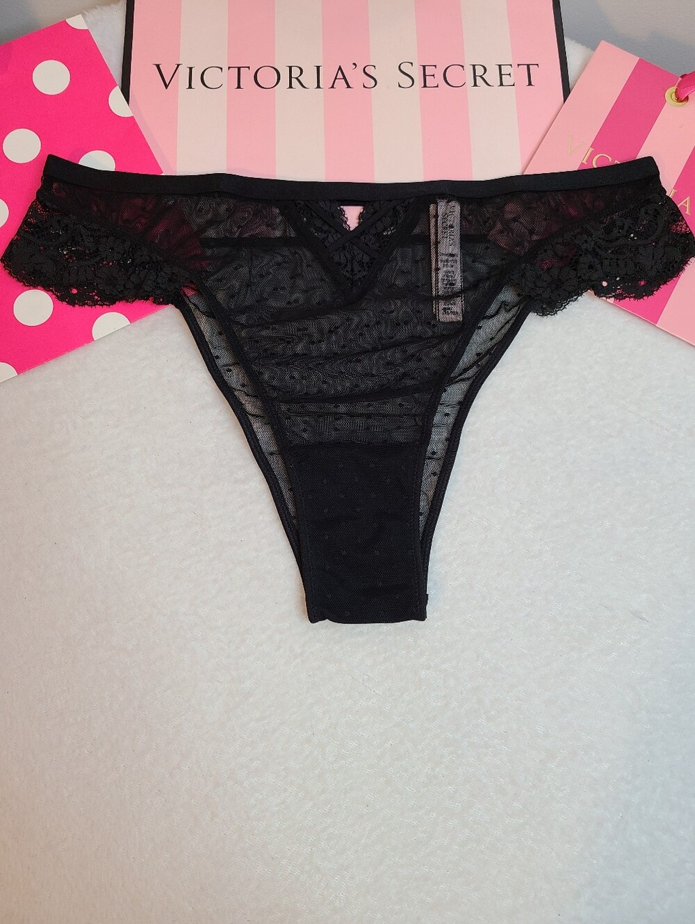 VS Dream Angels Dotted Mesh & Lace Hi-cut Brazilian Cheeky Panty Size M